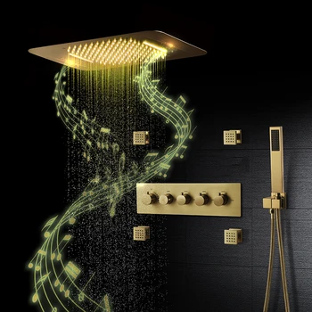 Luxus Csiszolt Arany Termosztatikus LED Zuhany Rendszer Mosdó Csaptelep Zene zápor Panel Higt Nyomás Vízesés Zuhanyfejjel