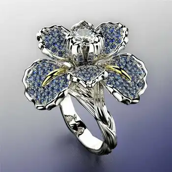 Luxus Női Nagy Fehér Kék Virág Gyűrű Varázsa Kristály Cirkon Kő Eljegyzési Gyűrű Elegáns Édes Esküvői Gyűrűk Nők
