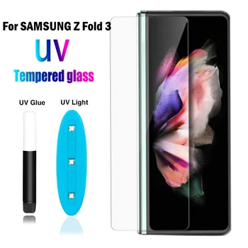 Luxus UV Edzett Üveg Samsung Galaxy Z Hajtás 3 5G Z Fold2 Front & Vissza UV Ragasztó képernyővédő fólia Galaxy Z Hajtás 3 2021