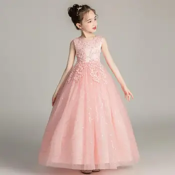 Lány Prom Princess Dress Virág Appliqués Ujjatlan Estélyi Ruha 2019 Gyerek, Esküvő, Party Ruhák Lány 5-14 Év
