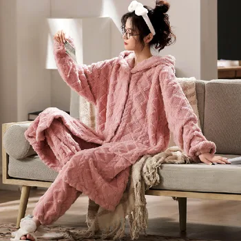 M-4XL Plus Size Női Pizsama Szett Meleg Korall-Polár Téli Hálóruházat Laza Női Megvastagodása Termikus Pizsama Női Homewear
