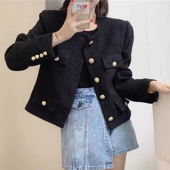 Magas Minőségű, Kis Illat Vintage Tweed Kabát Kabát Női Őszi Téli Rövid Kabátok Koreai Divat Alkalmi Outwear Crop Top