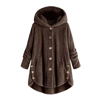 Női Hosszú Ujjú Kabát Plus Size Gombot Plüss Kapucnis Felsők Bő Kardigán Gyapjú Kabát Streetwear Téli Kabát