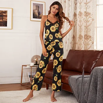 Női kétrészes Pizsama Szexi Spagetti Mellény Nadrág Szett Hálóruházat Kényelmes Pizsama Gyönyörű Nyomtatott Homewear