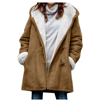 Női Téli Plüss Gyapjú Kabát Plus Size Meleg Kapucnis Hosszú Ujjú Cipzáras Zsebbel Kabát Női Laza Gyapjú Outwear женская куртка