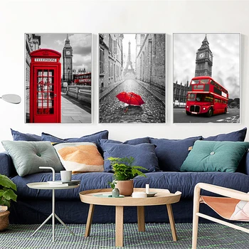 Piros, sárga, Párizs, London Város Telefon Doboz Autó, Busz Wall Art Vászon Festmény, Poszterek, Nyomatok Falon Képek Nappali Dekor