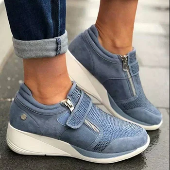 Platform Cipők, Női Cipő, Piros Alkalmi Cipő Kényelmes Platform Cipő Sarka Kék Vászon Cipő Női Láthatatlan Wedge Sneaker