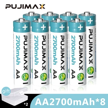 PUJIMAX 8DB AA Újratölthető Akkumulátor 2700mAh 1.2 V Ni-MH Lámpa Játékok Egér, Távirányító Tartós Elemek, Akkumulátor Doboz
