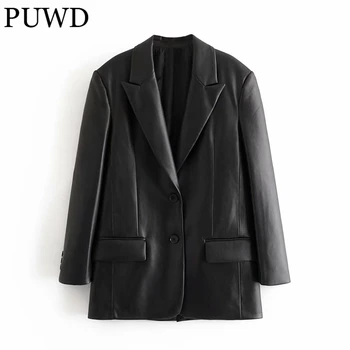 PUWD Vintage Nők V Nyakú Hosszú PU Műbőr Kabát 2021 Őszi Divat Női Fekete Streetwear Kabát Női Elegáns Outwear