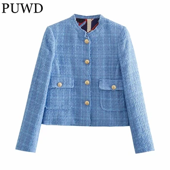 PUWD Vintage Nők Zsebében O Nyak Tweed Kabát 2021 Őszi Divat Női egysoros Kék Mintás Kabát Lányok Elegáns Outwear