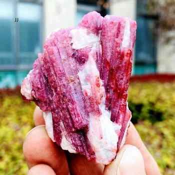 Rózsaszín kristály klaszter, természetes turmalin ásványi példány gyógyító kő, bútorok, lakberendezés, színes, energikus kő