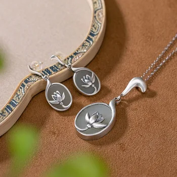 S925 sterling ezüst Természetes Hetian jáde fülbevaló Retro Temperamentum Lotus Ladies Medál, Fülbevaló Eardrops Öltöny