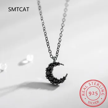 SMTCAT Fekete Hold heves Vérmérsékleted Egyszerű 925 Sterling Ezüst Kulcscsont Lánc Női Nyaklánc SNE460