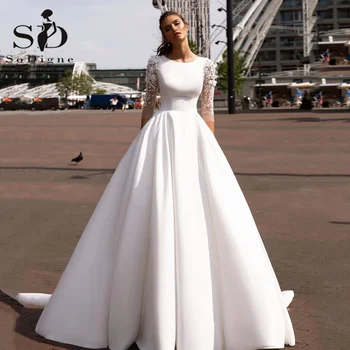 SoDigne Dubai Szatén Esküvői Ruha 2022 Modern 3D Virág Fél Ujjú Hercegnő Menyasszonyi Ruha molett Nők Csipke Party Ruha