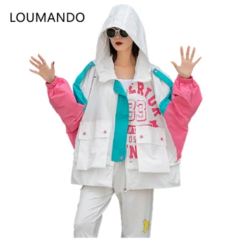 Streetwear Kabát Női kapucnis laza széldzseki Kabát Női 2021 Új kontraszt színű betűk cipzár baseball Dzseki Nő