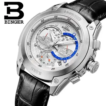 Svájci férfi karóra luxus márkájú Karóra BINGER Kvarc óra Valódi bőr szíj Stopper Búvár glowwatch B6013-4