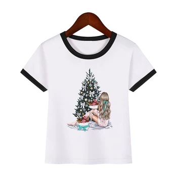 Szép karácsonyfa lány nyomtatás póló gyermekek fehér alapvető tshirt aranyos lány ruhák nyári rövid ujjú gyerek póló