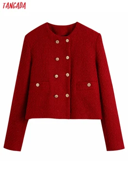Tangada Nők Vintage Piros Tweed Zakó, Női Hosszú Ujjú Elegáns Dzseki Női ruházat Termés Blézer Illik BE318