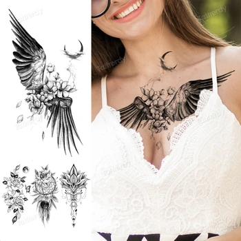 tetoválás szárny angyal hold virág szexi ideiglenes tetoválás a nők, lányok mell tetoválás mandala fekete henna hamis tetoválás underboob