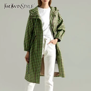 TWOTWINSTYLE Zöld Kockás Alkalmi Bő Kabát Női Kapucnis Hosszú Ujjú koreai Divat Kabátok Női Őszi 2021 öltözködési Stílus