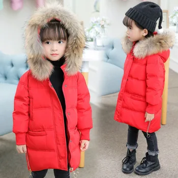 Téli Kabát Lányoknak Vastag Meleg gyermek Kabátok Gyermek Ruha Valódi Szőrme Gallér Kapucnis Lány Ruházat BC411