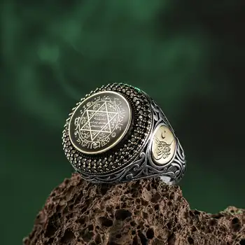 Tömör 925 Sterling Ezüst Salamon Király Pecsétje Titkos Pecsét Gyűrű, Férfi Gyűrű Oszmán Tughra Ékszerek Tartozék Tett Törökországban