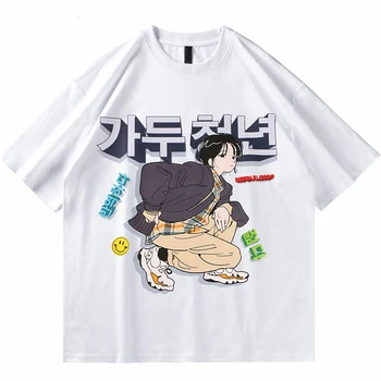 Túlméretezett Hip-Hop Tshirt Férfiak Harajuku Rajzfilm koreai Nyomtatás póló Blúz Harajuku Pamut Alkalmi Nyári Rövid Ujjú Ruha felső