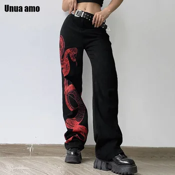 Unua amo, Elegáns Kontraszt Színű Kígyó Nyomtatás közvetlenül Farmer Nő Bő Vad Nadrág Női Alkalmi Streetwear Fekete Farmer Nadrág