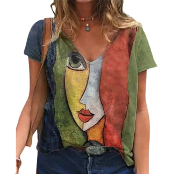V-Nyak Tshirt Női Nyári Alkalmi Túlméretes Nyomtatás Póló Maximum Laza Vintage Női Póló Streetwear Y2K Rövid Ujjú Ruha S-5XL