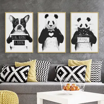 Vicces, Fekete-Fehér Állatok Poszter Északi Rajzfilm Vászon Festmény Wall Art Cuki Panda Boston Terrier Képek Modern Lakberendezés