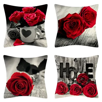 WUYI Vintage Piros Rózsa Virág Párna CoverThrow párnahuzat Ágynemű párnahuzat Szerelmes Szív Esküvői Haza Dekoratív Párnák