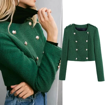 Za Nők 2021 Divat Zöld Fém Gombok Tweed Vágott Kabát Kabát Vintage O Nyakú Hosszú Ujjú Női Felsőruházat, Elegáns Gombot, Maximum