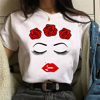 ZOGANKIN Női Nyári Divat Rövid Ujjú Tshirts Szemöldök Vörös Ajkak Grafikus Nyomtatott Női póló Lányok Aranyos Harajuku Maximum Tee