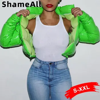 Ál Pu Y2K Nenon Zöld Buborék Puffer Kabátok Téli Kabát Női Hosszú Ujjú Termés Felsőruházat Streetwear Meleg Túlméretezett Zubbonyok