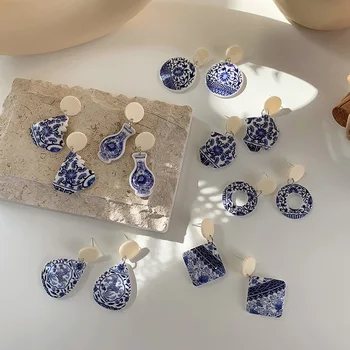 Új, Akril, Kék-Fehér Porcelán Fülbevaló Női Vintage Nyilatkozat Kék Kör Geometriai Csepp Karika Fülbevaló 2021 Ékszerek