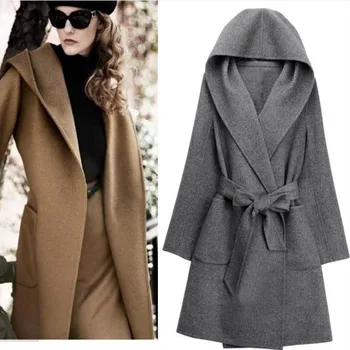 Új Őszi Téli Női Kabátok Vestido Plusz Mérete Szabadon Állítható Derék Kapucnis Gallér Gyapjú Keverékek Kabát, Női Felsőruházat