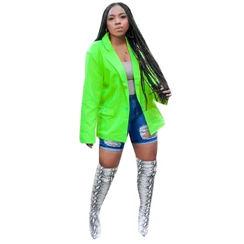 Őszi Téli Női Divat Neon Zöld Blézer Női Alkalmi Laza Túlméretezett Egyszínű Vékony Dzseki Kabát Utca Outwear